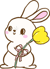 Cute White Bunny with Tulip Cartoon Hand Drawn