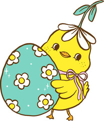 Cute Easter Chick with Spring Egg Cartoon Hand Drawn