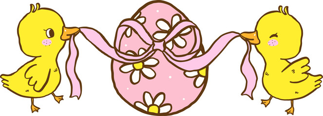 Coquette Easter Chicks decorate Egg with Pink Bow Cartoon Hand Drawn