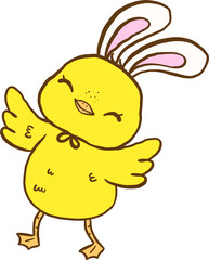 Happy Easter Baby Chicken with Bunny Ears Cartoon Hand Drawn