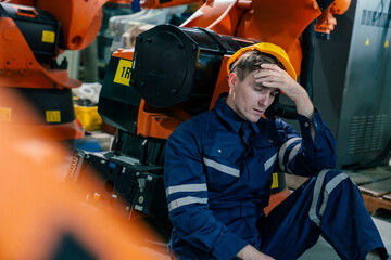 Worker showing signs of stress while surrounded by industrial robots in a manufacturing facility