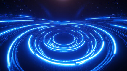 Obraz premium Neon light flare circles on black background. Vector realistic illustration of round blue lines glowing in darkness, lens refraction, shiny halo, futuristic teleport, sparkling space galaxy portal
