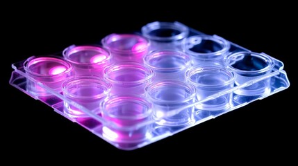 Fluorescent-tagged molecules in a plastic assay plate, illuminated under UV light for biomedical research.