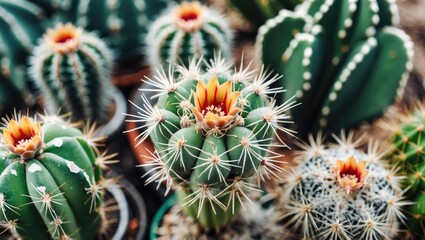 Fototapeta premium Colorful Cactus Plants with Spikes and Blooming Flowers in Various Shapes and Sizes on a Natural Background