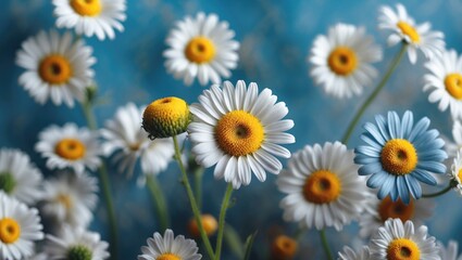 Fototapeta premium Close Up of Vibrant Daisy Flowers Against Blue Background with Space for Text and Design Elements