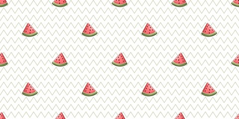 seamless pattern with slices of watermelon and  green zigzag lines on a white background