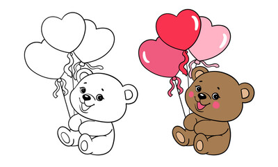 teddy bear with heart holding balloon kawaii, valentines card. Color and black and white illustration