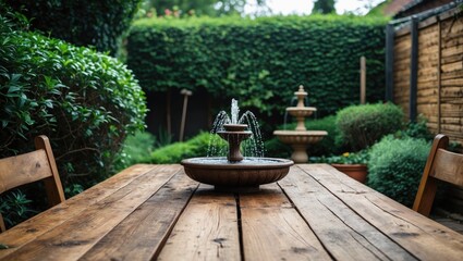 Serene Garden Setting with Wooden Table and Fountain Surrounded by Lush Greenery and Bushes Ideal for Outdoor Relaxation