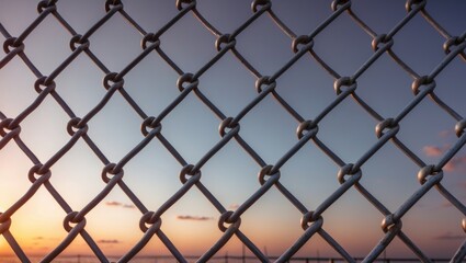 Close-up View of Chain Link Fence Against a Colorful Sunset Sky with Space for Text Overlay