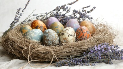 Obraz premium Embrace a warm Easter ambiance with a straw nest of hand-painted eggs, set on a table adorned with a lace doily and surrounded by charming country-style decor.