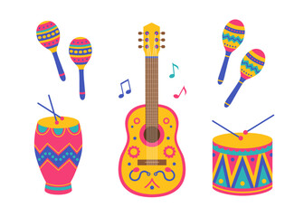 Colorful ethnic musical instrument set with guitar, drum, drumsticks, conga, maracas and notes. Latin music festival, brazil carnival collection. Vector flat illustration isolated on white background