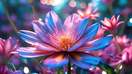 Vibrant Close-Up of a Colorful Water Lily Surrounded by Blossoming Flowers with a Soft Bokeh Background