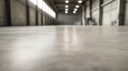 A spacious industrial warehouse with polished concrete flooring and soft natural light filtering through large windows.