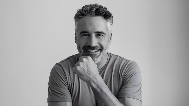 Portrait of a Happy Mature Man Smiling Grey Hair Casual Style Studio Shot Mature Male Model Attractive Person Confident Expression Relaxed Pose Hand on Chin Black and White Photography Image guy men  