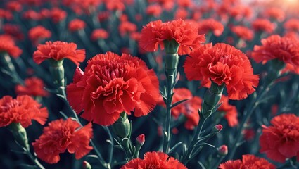 Vibrant Field of Blooming Red Carnations Showing Detail and Natural Beauty of Flowers in Full Blossom