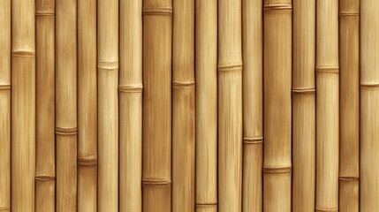 Fototapeta premium Textured bamboo wall background featuring a series of vertical bamboo stalks with warm, natural tones.