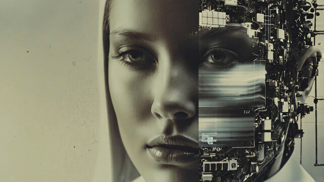Human and machine blend in a futuristic exploration of technology and identity