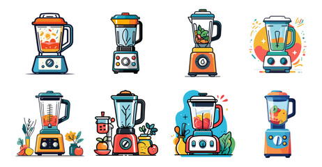 Sets icon collection of colorful blender illustrations with various designs and ingredients, such as fruits, vegetables, and smoothies, highlighting their functionality and visual appeal.