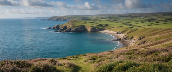 Scenic Coastal View of a Serene Cove Surrounded by Lush Green Hills and Rugged Cliffs under a Clear Blue Sky.