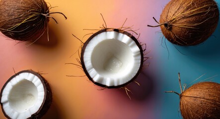Obraz premium Coconuts Arranged on Colorful Background with Space for Text Top View Vibrant Tropical Fruit Concept