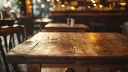 A warm, inviting wooden table in a cozy caf� setting, illuminated by soft, ambient lighting that creates a relaxed atmosphere.