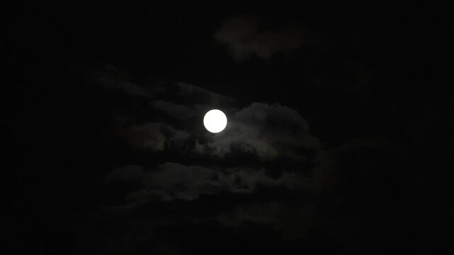 A freshly risen full moon covered with thin clouds