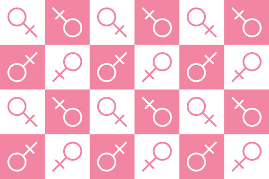 Geometric Seamless pattern with sign Venus. Cute square icons in white and pink color background symbol of feminine. Girly flat illustration. Mosaic trendy endless wallpaper print textile girl power.