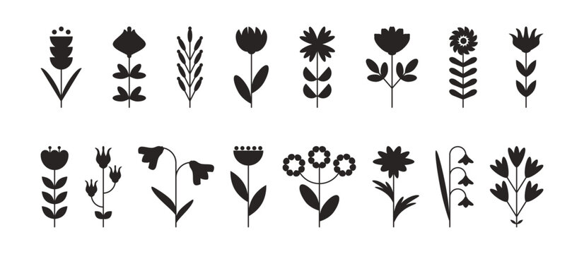 Black Silhouettes of abstract flowers set with leaves from simple geometric shape. Spring and summer botanical icons in flat style. Minimalist floral sketch for poster cover banner print. Nature plant