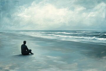 Person contemplates ocean solitude on a tranquil overcast beach landscape.