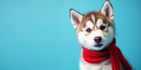 A charming husky puppy wearing a scarf that creates warmth and coziness