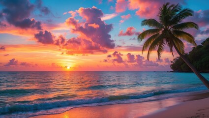 Tropical Beach Sunset Over Calm Sea With Colorful Clouds Enhancing Relaxation And Travel Vibes In A Serene Coastal Landscape