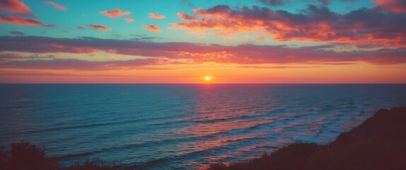 Vibrant Sunset Over Tranquil Ocean Waves with Open Space for Text and Captivating Sky Colors
