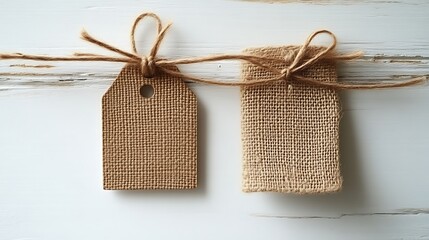 Rustic Burlap Tags Tied With Twine On White Wood