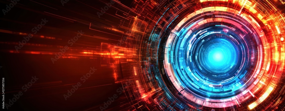 Poster abstract digital technology background with red and blue circular glowing lines
