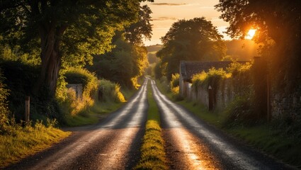 Fototapeta premium Scenic Country Road Bathed in Warm Evening Light Surrounded by Lush Greenery and Serenity in Summer