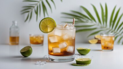 Fototapeta premium Cuba Libre Cocktail Garnished With Lime Slice On Bright Background Surrounded By Tropical Elements