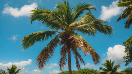 Obraz premium Cuban Palm Tree Against Bright Blue Sky With Fluffy Clouds And Space For Text In Tropical Landscape Setting