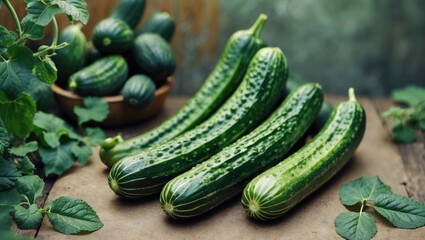 Fresh organic cucumbers arranged on a rustic table with greenery surrounding, perfect for food related designs or healthy lifestyle concepts.