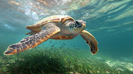 Obraz premium Exploring the Underwater Wonders World with a Majestic Turtle Swimming Gracefully in the Ocean