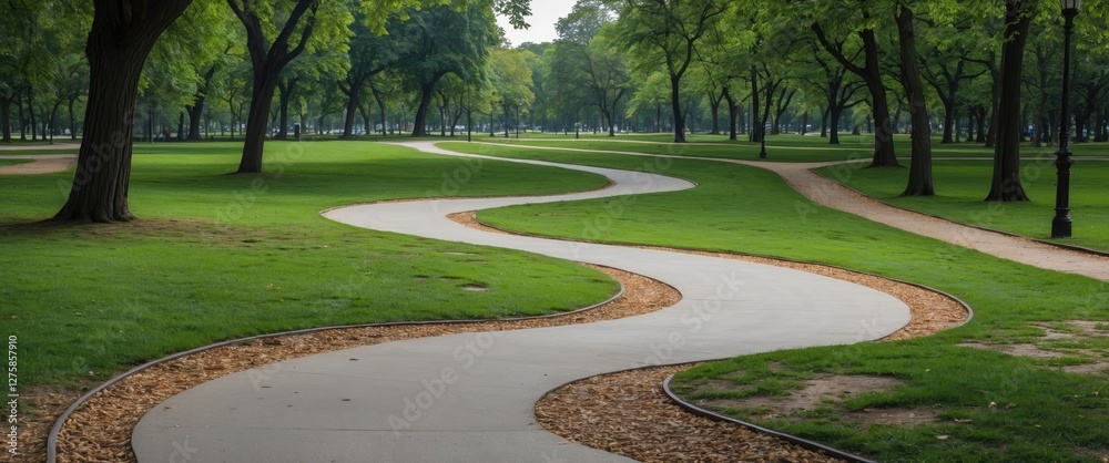 Poster Serene Curvy Pathway Meandering Through Lush Green Park Surrounded By Trees and Open Space