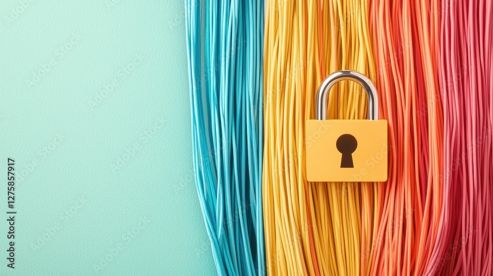 Poster Secure Data Network Padlock on Colorful Cables Representing Online Safety and Privacy Protection