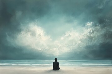 Person sitting serene facing vast ocean beneath cloudy skies.