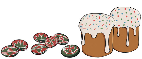 Easter cakes and painted eggs isolate on a transparent background. easter, spring illustration. Ukrainian Easter bread Paska, Ukrainian Easter eggs pysanky. template for Easter advertising