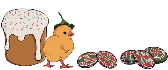 Easter eggs and cute cartoon chick chicken isolate on a transparent background easter, spring illustration. Ukrainian Easter bread Paska, Ukrainian Easter eggs pysanky. template for Easter advertising
