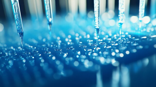 Macro shot of multiple pipette tips releasing blue liquid into a 96-well plastic plate, representing immunosorbent assay (ELISA) testing.