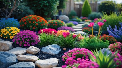 Fototapeta premium Vibrant Garden Landscape Featuring Colorful Flowerbed and Decorative Stones with Clear Space for Text and Branding Opportunities