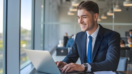 Happy Businessman Working Laptop Modern Office Window Light Smiling Professional Man Entrepreneur Success Digital Technology Workplace Corporate Businessman Blue Suit Typing Keyboard Job Desk Team    
