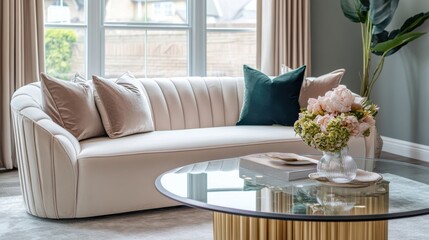 Elegant Living Room with Curved Sofa and Stylish Coffee Table