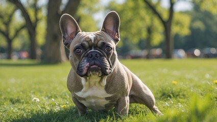 Fototapeta premium French Bulldog Relaxing On Green Grass In The Park Under Sunny Skies A Playful Companion Surrounded By Lush Trees And Open Space For Text