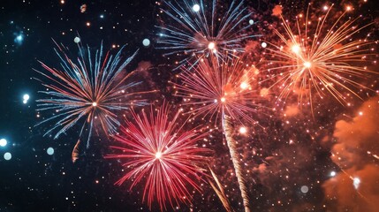 Obraz premium Captivating display of colorful fireworks lighting up the night sky in vibrant hues of red, blue, and gold, creating a festive atmosphere.